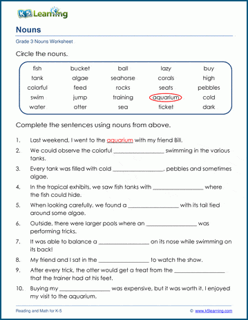 Grade 3 grammar worksheet on using nouns