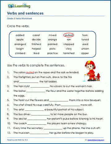 Grade 3 grammar worksheet on using verbs in sentences