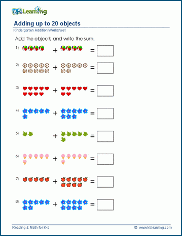 single digit addition with up to 20 objects worksheets k5 learning