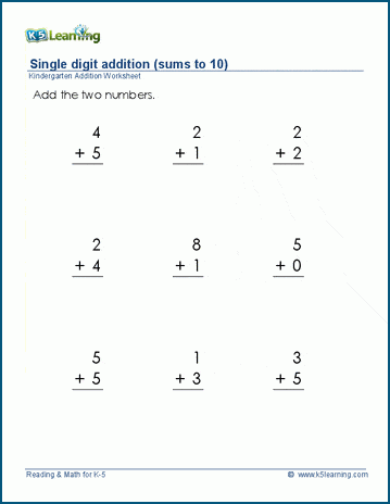 Vertical addition of single digit numbers worksheets