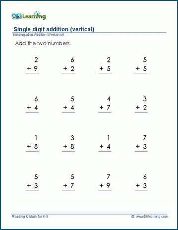 Vertical addition of 1-digit numbers, sums to 20