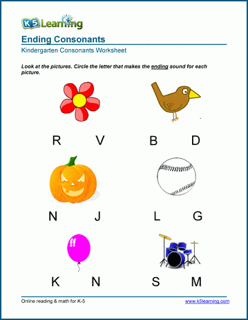 Kindergarten Identify Ending Consonants Worksheet