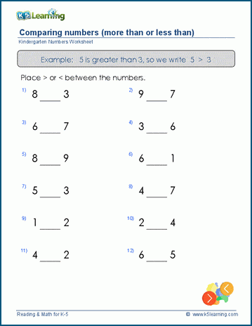 comparing numbers more than less than worksheets k5 learning