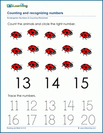 Count to and recognize the number fifteen (15) worksheet