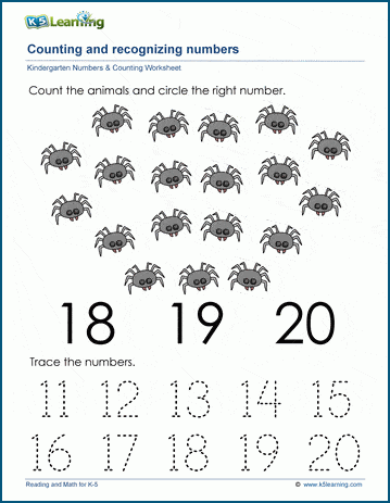 Count to and recognize the number nineteen (19) worksheet