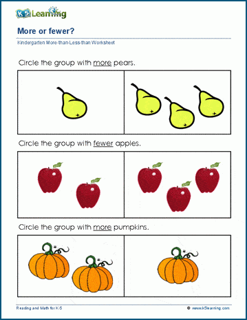 Kindergarten more or fewer objects worksheets