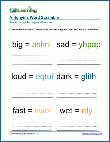 Antonyms worksheets with word scrambles