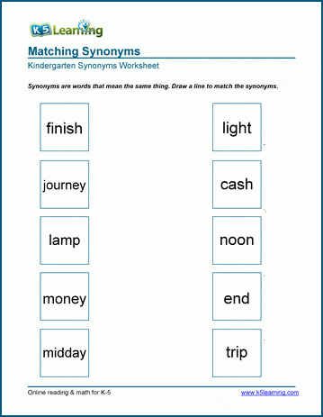 Matching synonyms worksheets