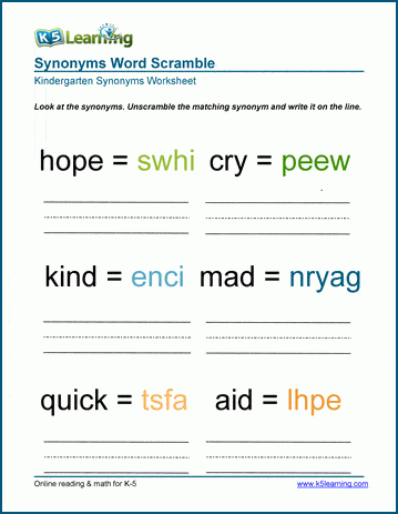 Synonyms scrambled word worksheets