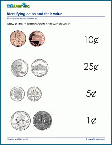 Value of coins worksheets for preschool and kindergarten | K5 Learning