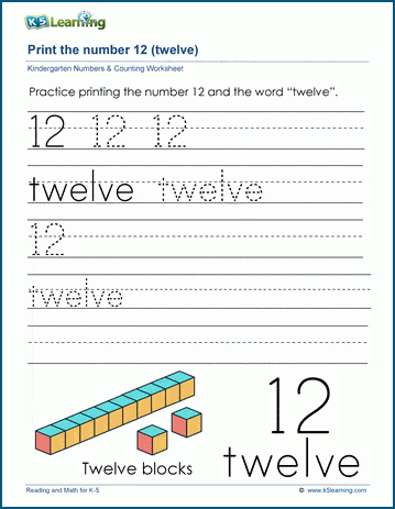 Printing the number twelve (12) worksheet
