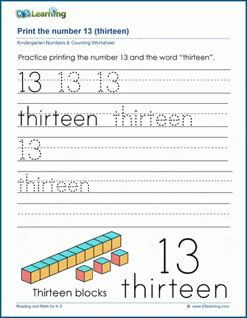 Printing the number thirteen (13) worksheet