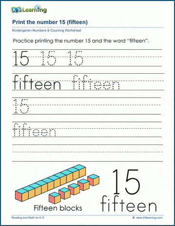 Printing the number fifteen (15) worksheet