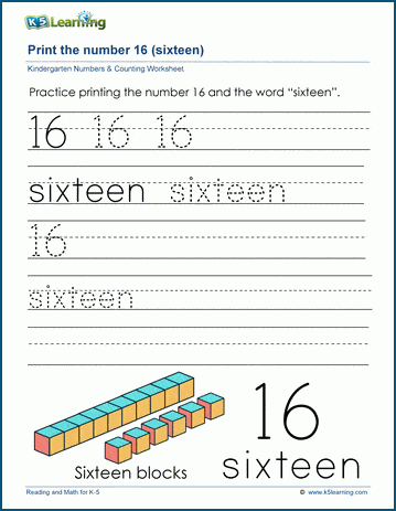 Printing the number sixteen (16) worksheet