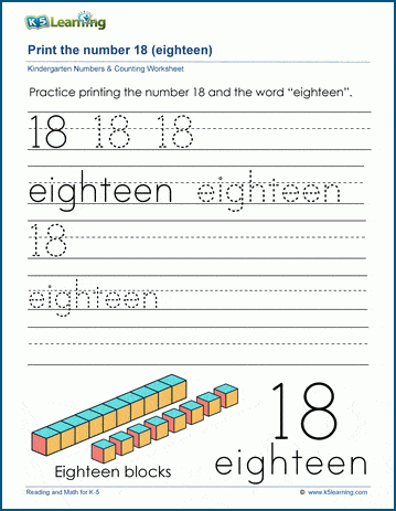 Printing the number eighteen (18) worksheet