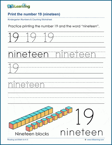 Printing the number nineteen (19) worksheet