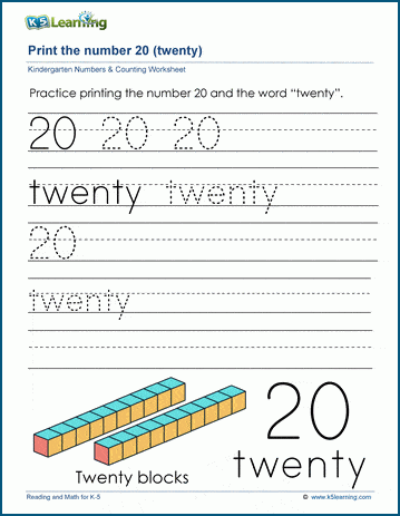 Printing the number twenty (20) worksheet