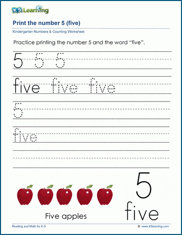 Printing the number five (5) worksheet