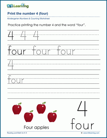 Printing the number four (4) worksheet