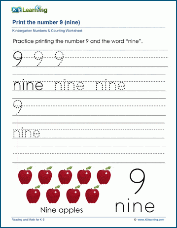 Printing the number nine (9) worksheet