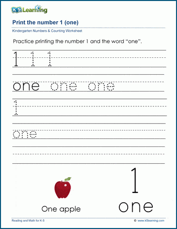 Kindergarten printing number 1 worksheet