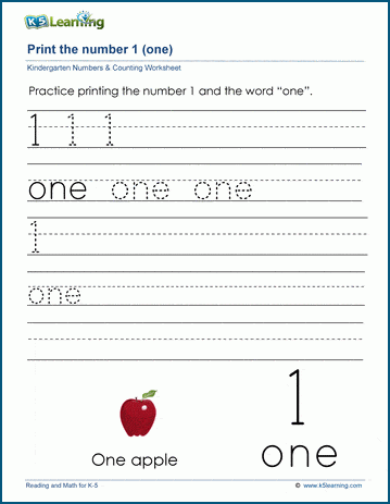 Printing the number one (1) worksheet