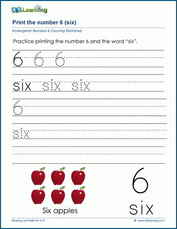 Printing the number six (6) worksheet