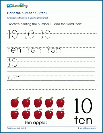 Printing the number ten (10) worksheet