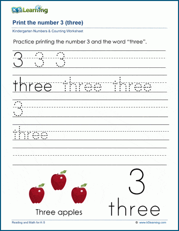 Printing the number three (3) worksheet