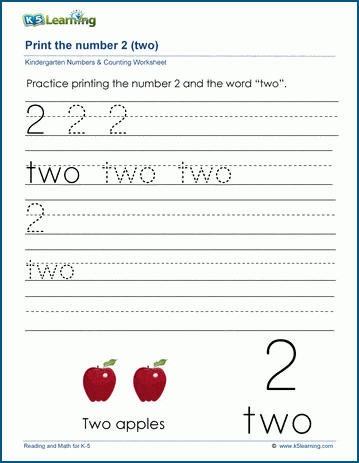 Printing the number two (2) worksheet
