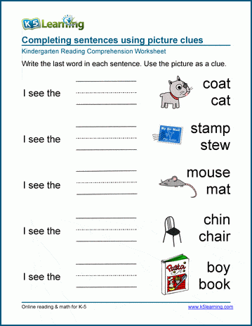 Kindergarten Reading Comprehension - completing sentences worksheet