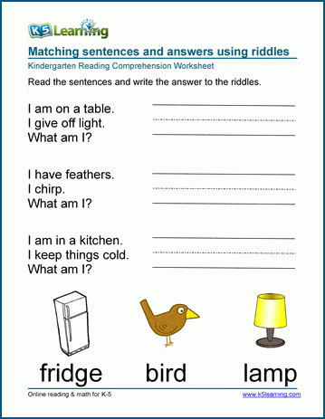 Kindergarten Reading Comprehension - reading riddles worksheet