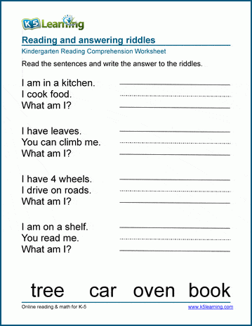 Kindergarten Reading Comprehension - answering riddles answers worksheet
