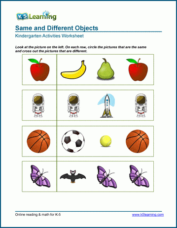 Kindergarten same vs different objects worksheet