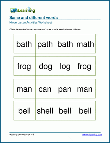 Kindergarten same or different words worksheet