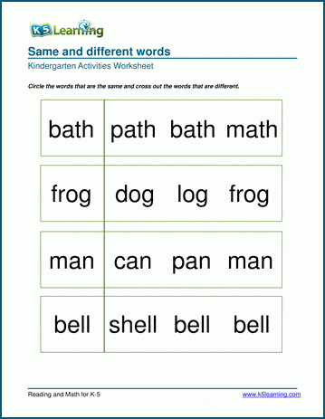 Same vs Different Words Kindergarten Worksheets | K5 Learning