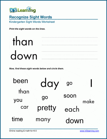 Kindergarten Recognize Sight Words Worksheet