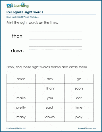 Kindergarten Recognize Sight Words Worksheet