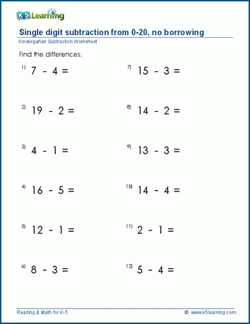 Subtract 1-digit numbers worksheets within 20, no borrowing