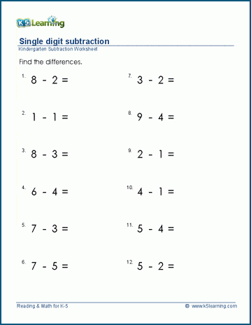 Subtract 1-digit numbers worksheets