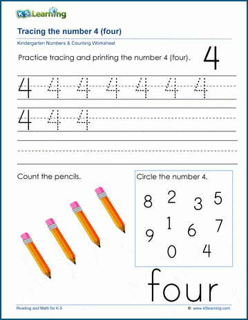 Learning the number four (4) worksheet