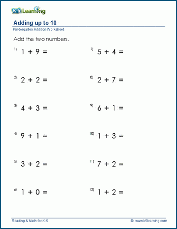 Addition with sums to 10 worksheet