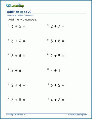 Single digit addition with sums to 20 worksheet