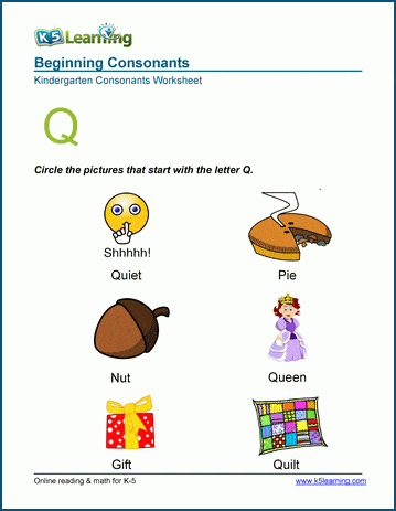 Beginning consonants worksheet - letter Q