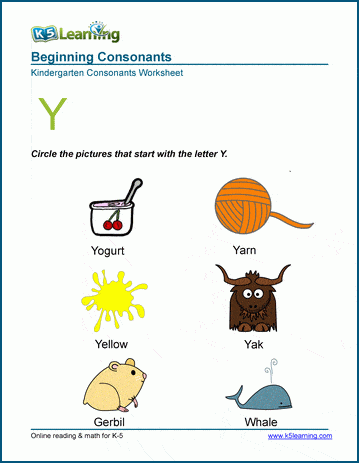 Beginning consonants worksheet - letter Y