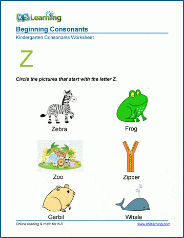 Beginning consonants worksheet - letter Z