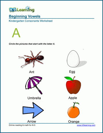 Kindergarten Beginning Vowels Worksheet