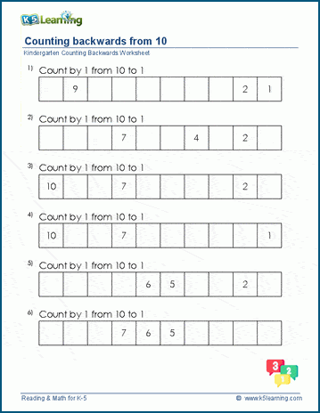 Kindergarten counting backwards worksheets