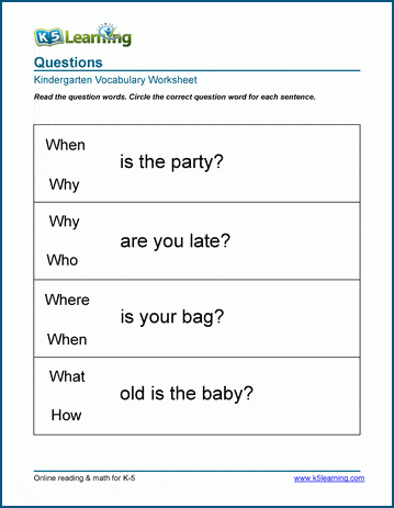 Sample Question Words Worksheet