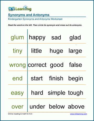 Sample Kindergarten Synonym & Antonym Worksheet